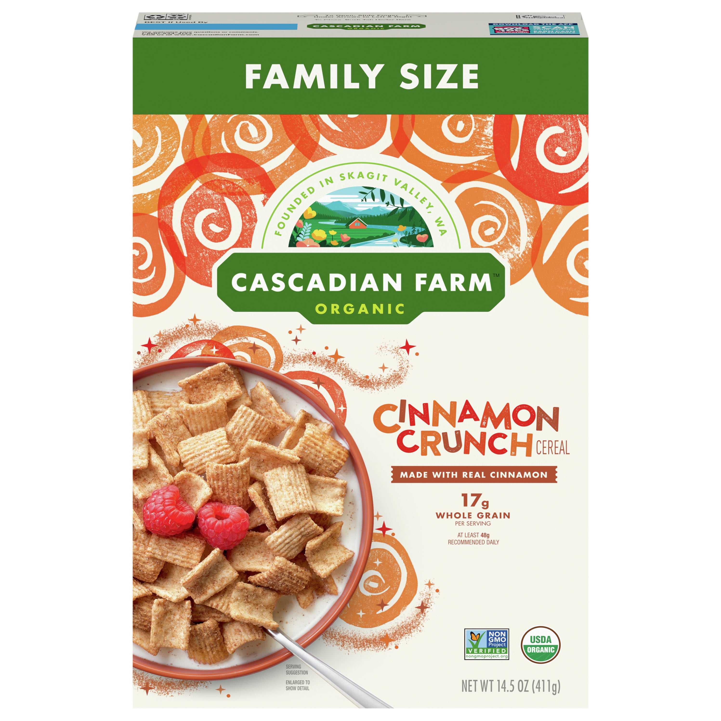 Cascadian Farm Organic Cinnamon Crunch Cereal, Family Size, 14.5 oz - Case of 5