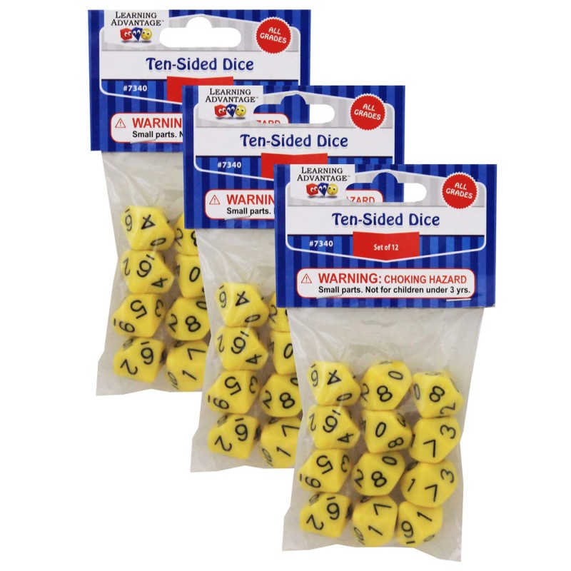 LEARNING ADVANTAGE - 10-Sided Polyhedra Dice, 12 Per Pack, 3 Packs