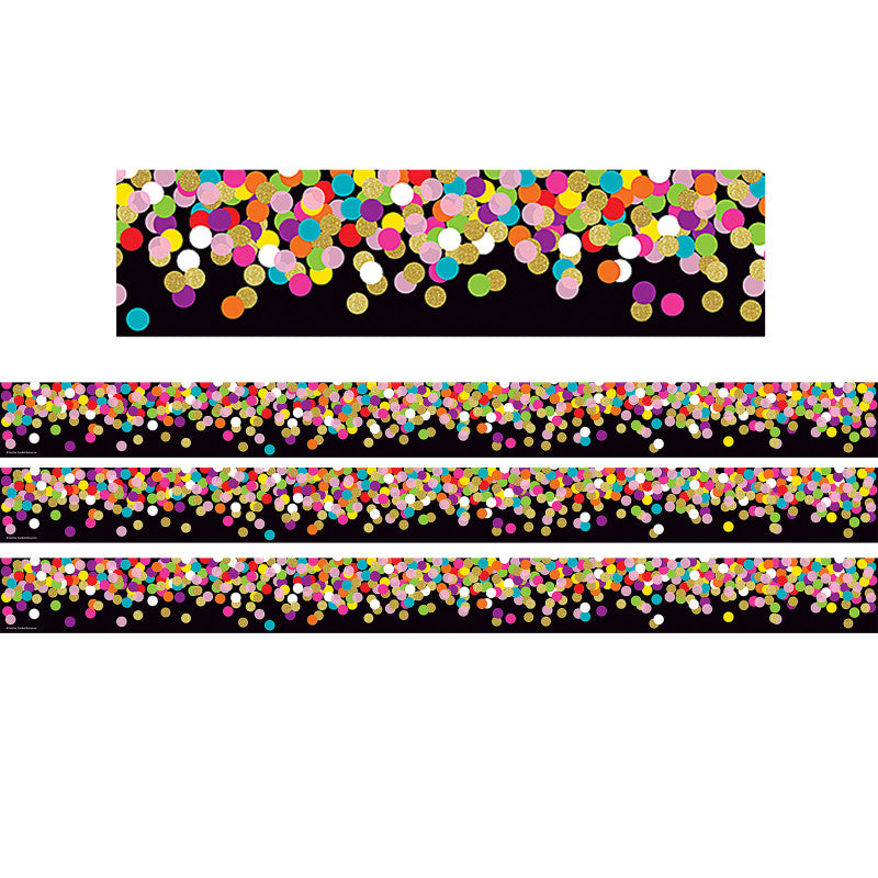 TEACHER CREATED RESOURCES - Colorful Confetti on Black Straight Rolled Border Trim, 50 Feet Per Roll, 3 Rolls
