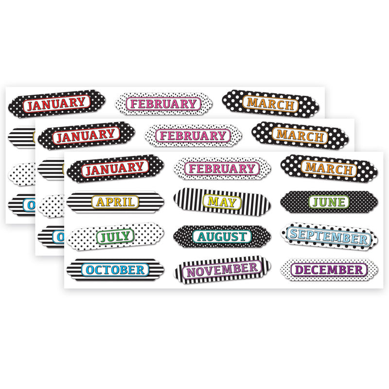 ASHLEY PRODUCTIONS - Magnetic Die-Cut Timesavers & Labels, Months of the Year, Black and White Assorted Patterns, 12 Per Pack, 3 Packs