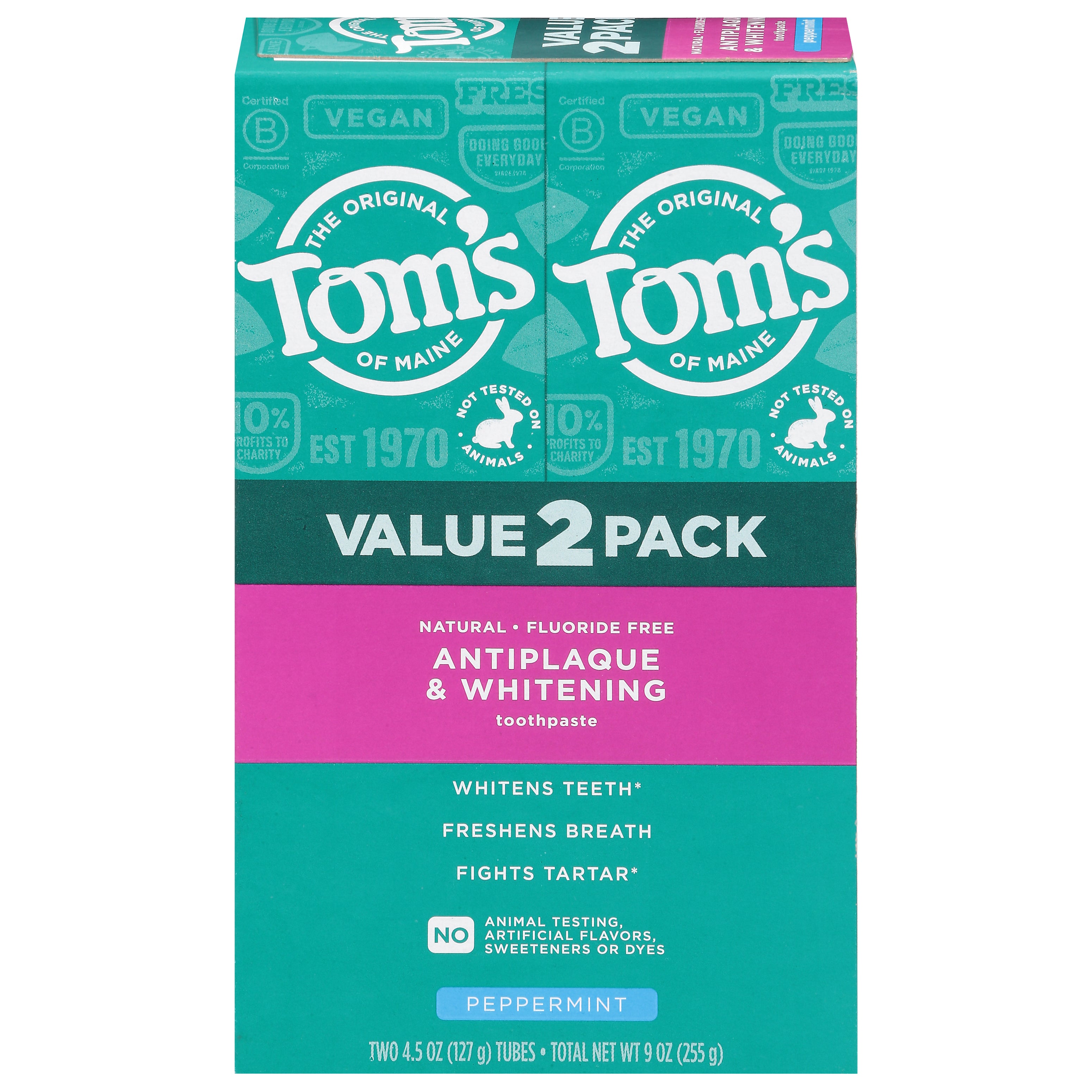 Tom's Peppermint Antiplaque & Whitening Toothpaste Value Pack 2 - 4.5 oz Tubes - Case of 1
