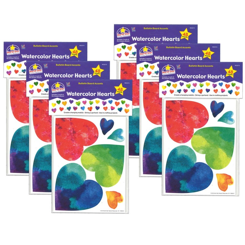 NORTH STAR TEACHER RESOURCES - Watercolor Hearts Accents, 48 Per Pack, 6 Packs