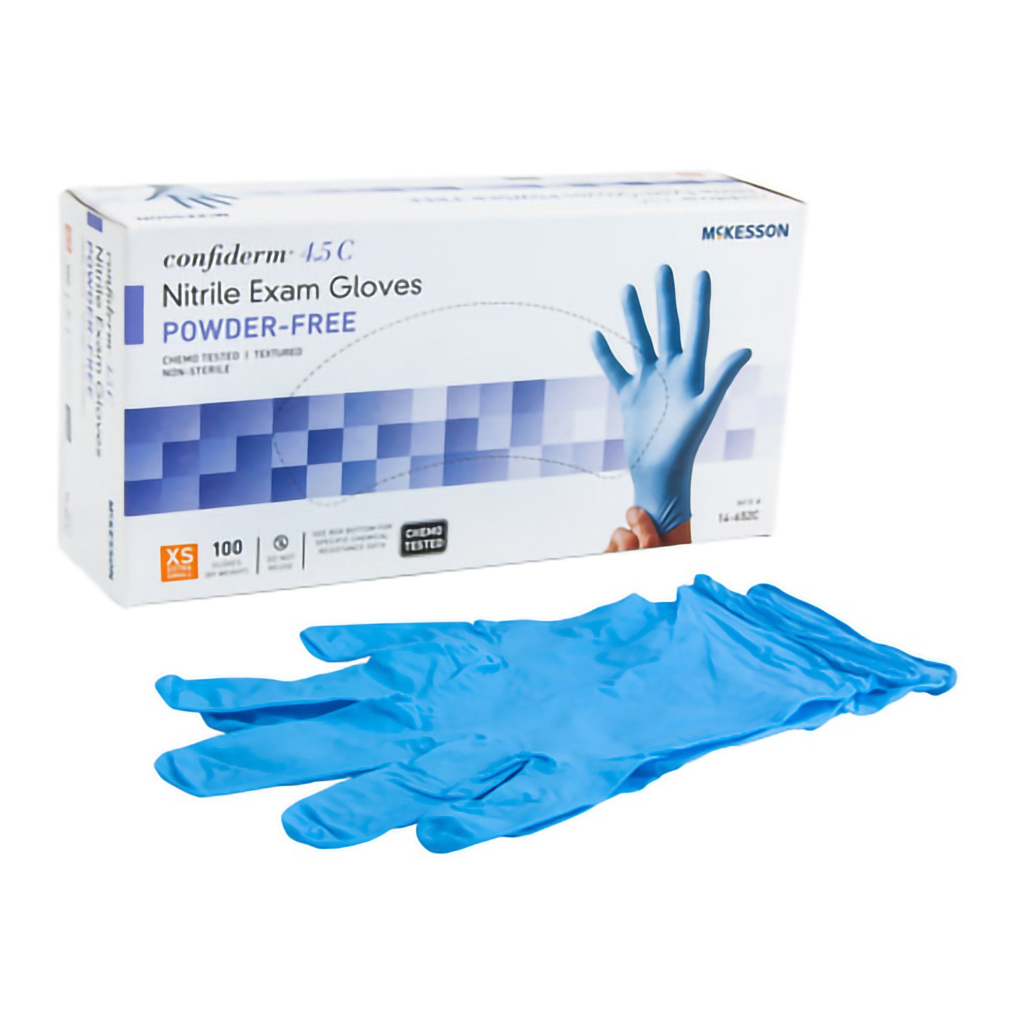 McKesson Brand - Exam Glove McKesson Confiderm® 4.5C X-Small NonSterile Nitrile Standard Cuff Length Textured Fingertips Blue Chemo Tested [100/BX]
