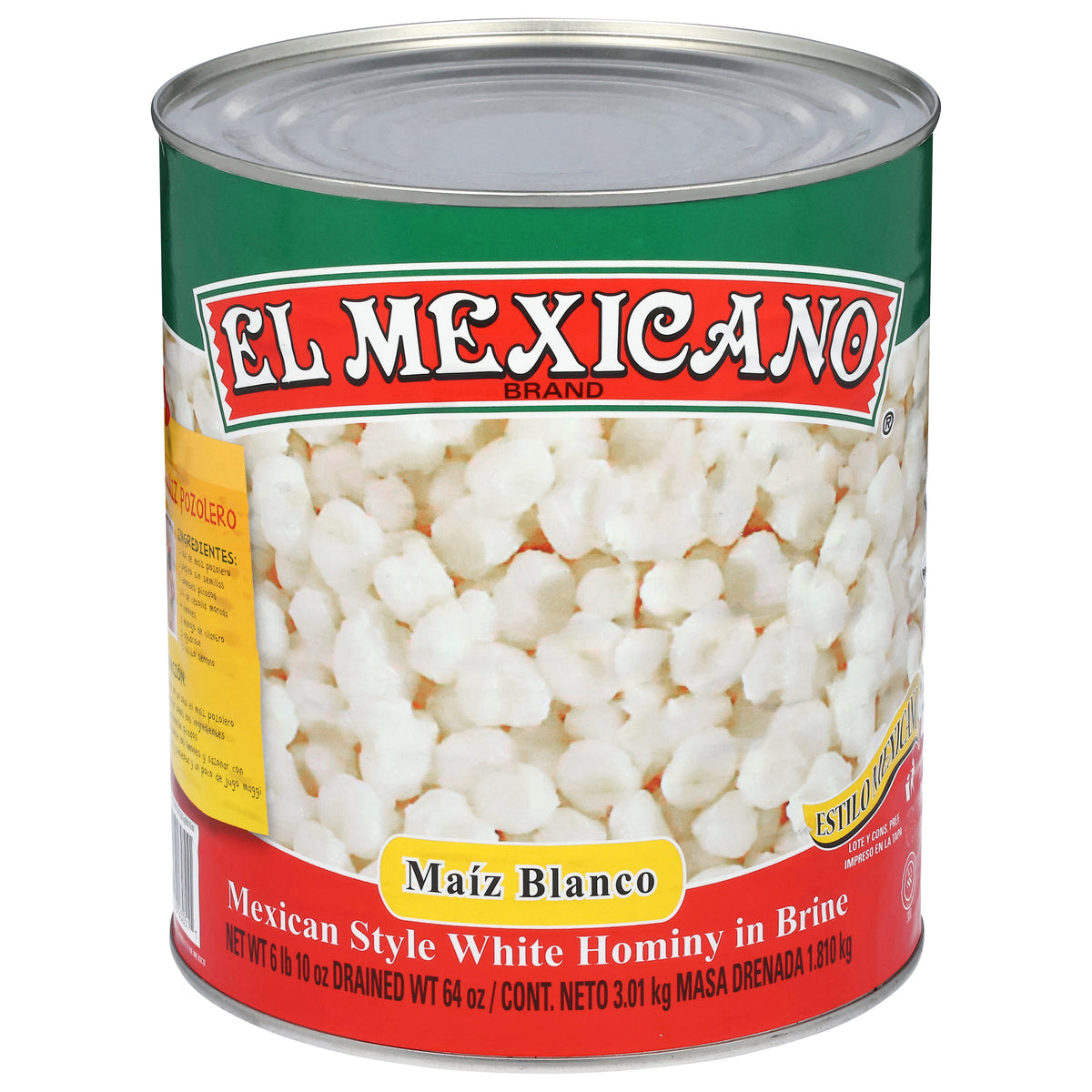 El Mexicano Mexican Style White Hominy in Brine 3.01 kg - Case of 6