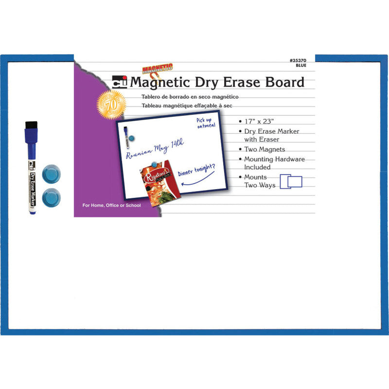 CHARLES LEONARD - Magnetic Dry Erase Board, 17" x 23", w/Eraser/Marker and 2 Magnets, Blue Frame, 1 Each