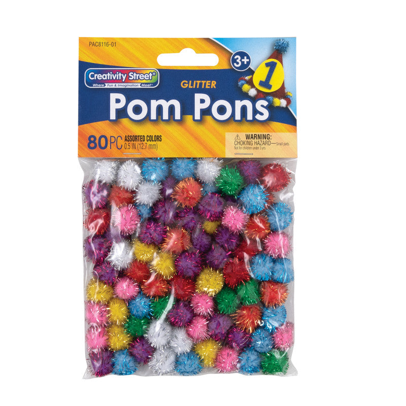 Glitter Pom Pons, Assorted Colors, 1/2", 80 Pieces
