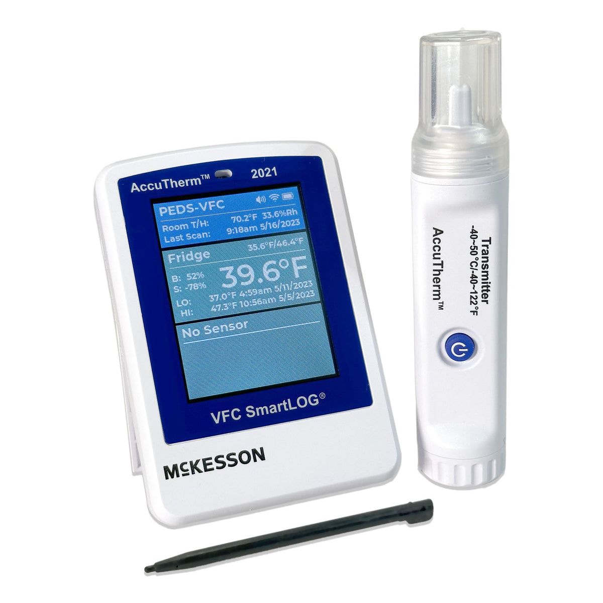 McKesson Brand - Datalogging Refrigerator / Freezer Thermometer with Alarm McKesson Fahrenheit / Celsius Ambient -40 to +125°C (-40°F to 257°F) / Sensor -40° to 50°C (-40°F to 122°F) Glycol Probe AC Adaptor / Battery Backup [1/EA]