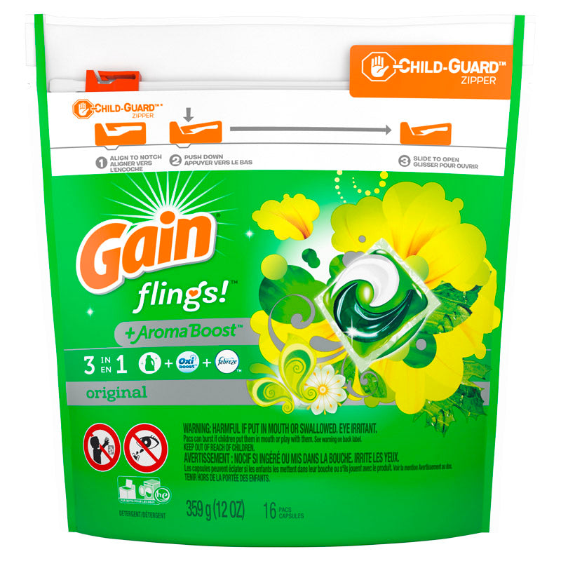 GAIN FLINGS - Gain Flings Original Scent Laundry Detergent Pod 12 oz 16 pk - Case of 6