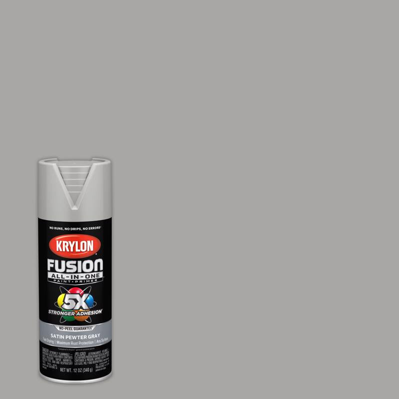 KRYLON - Krylon Fusion All-In-One Satin Pewter Gray Paint+Primer Spray Paint 12 oz - Case of 6