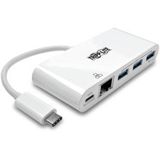 Tripp Lite by Eaton 3-Port USB 3.2 Gen 1 Hub with LAN Port and Power Delivery USB-C to 3x USB-A Ports and Gigabit Ethernet White