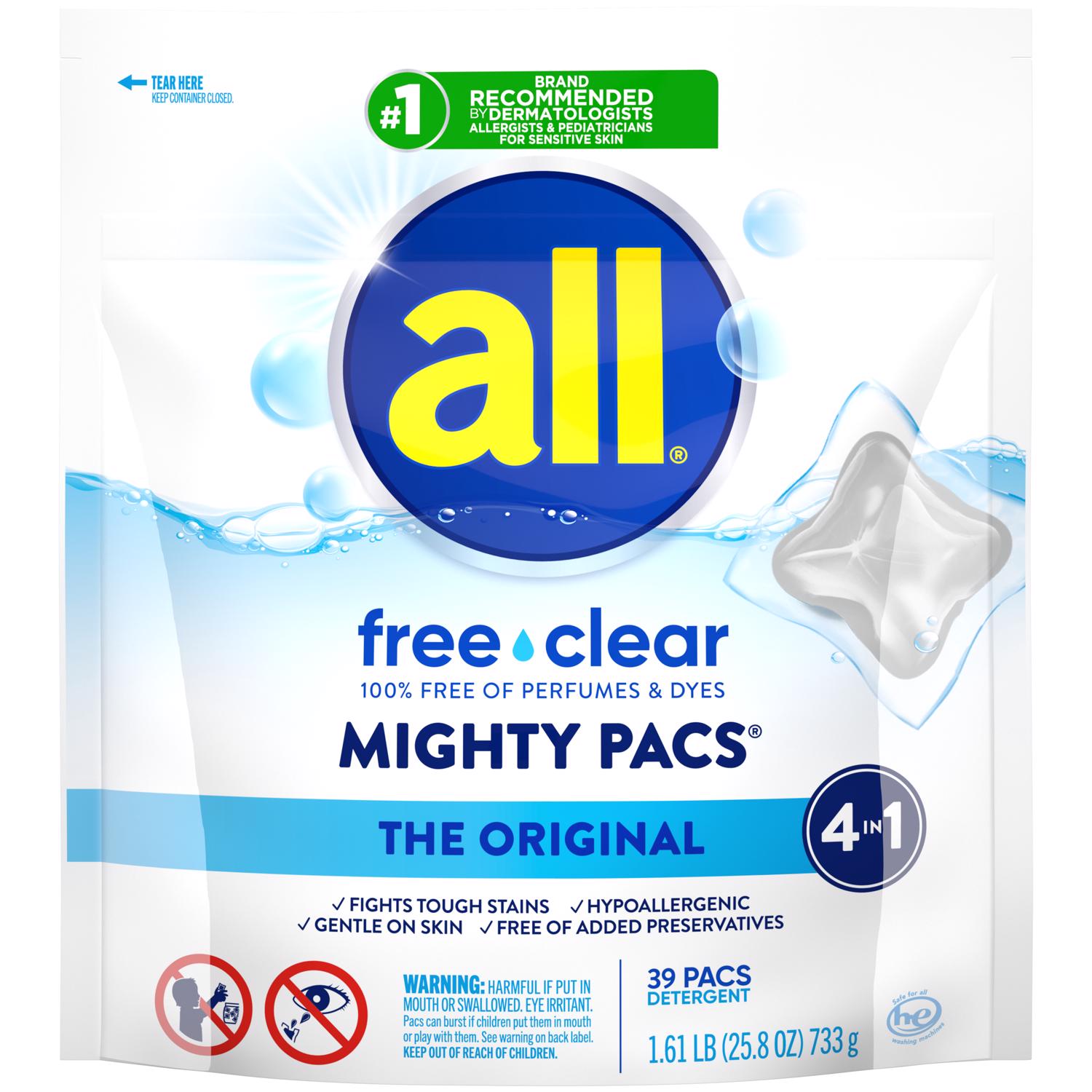 All Mighty Pacs Free & Clear Scent Laundry Detergent Pod 25.8 oz 39 pk - Case of 6