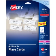Avery&reg; Place Cards With Gold Border 1-7/16" x 3-3/4" , 65 lbs. 150 Cards