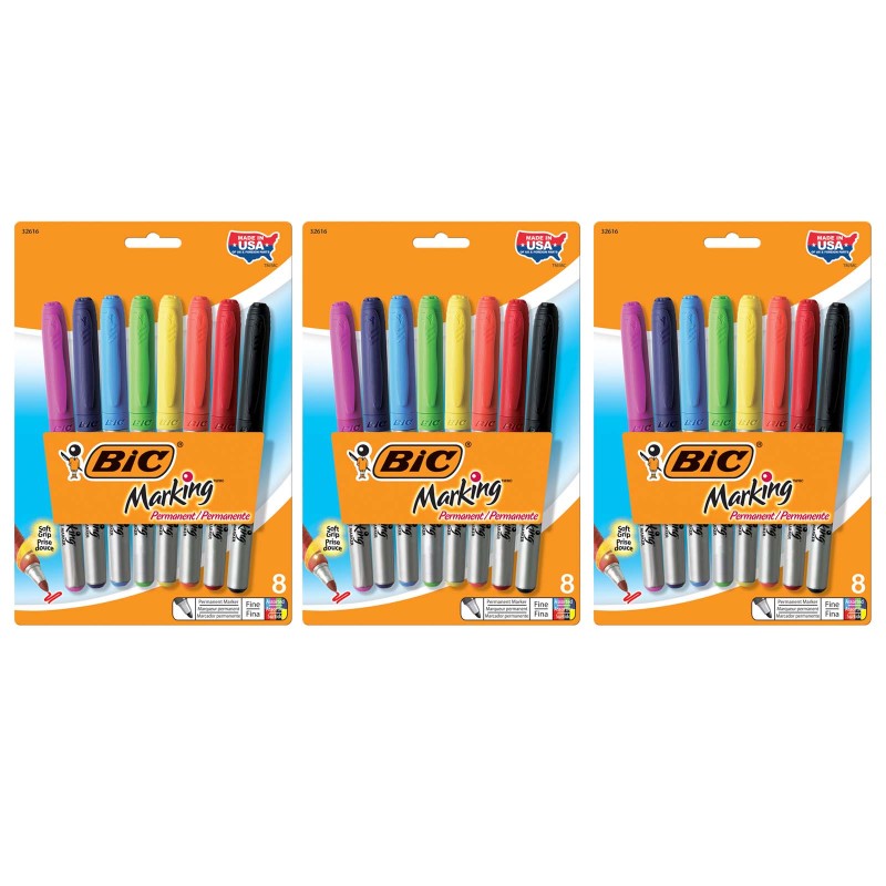 BIC - Intensity Permanent Marker, Fine Point, Assorted Colors, 8 Per Pack, 3 Packs