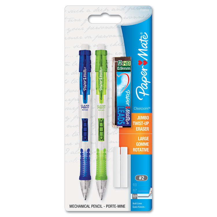 Paper Mate - Clear Point Mechanical Pencil, 0.9 mm, HB (#2.5), Black Lead, Assorted Barrel Colors, 2/Pack