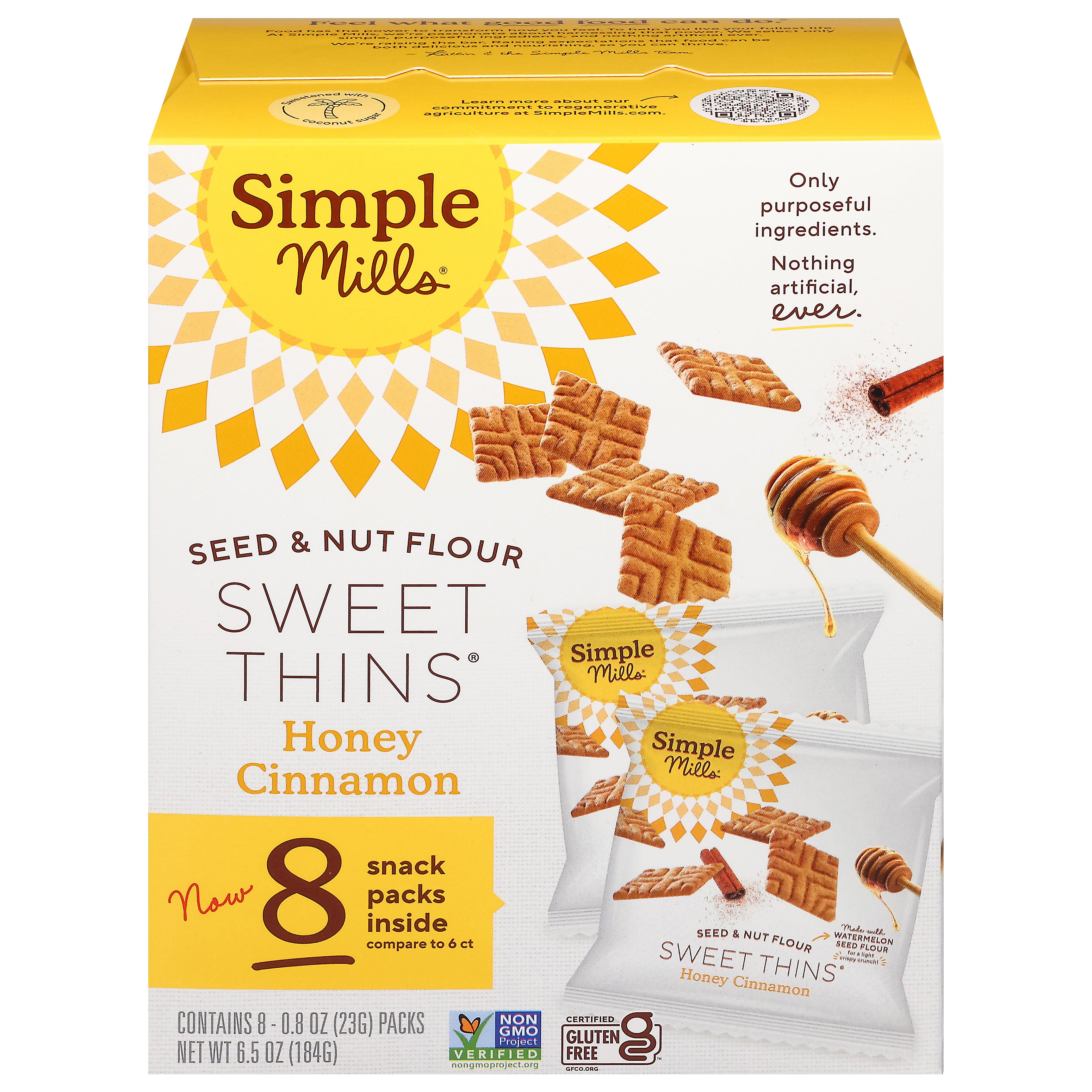 Simple Mills Seed & Nut Flour Honey Cinnamon Sweet Thins Snack Packs 8 - 0.8 oz Packs - Case of 4