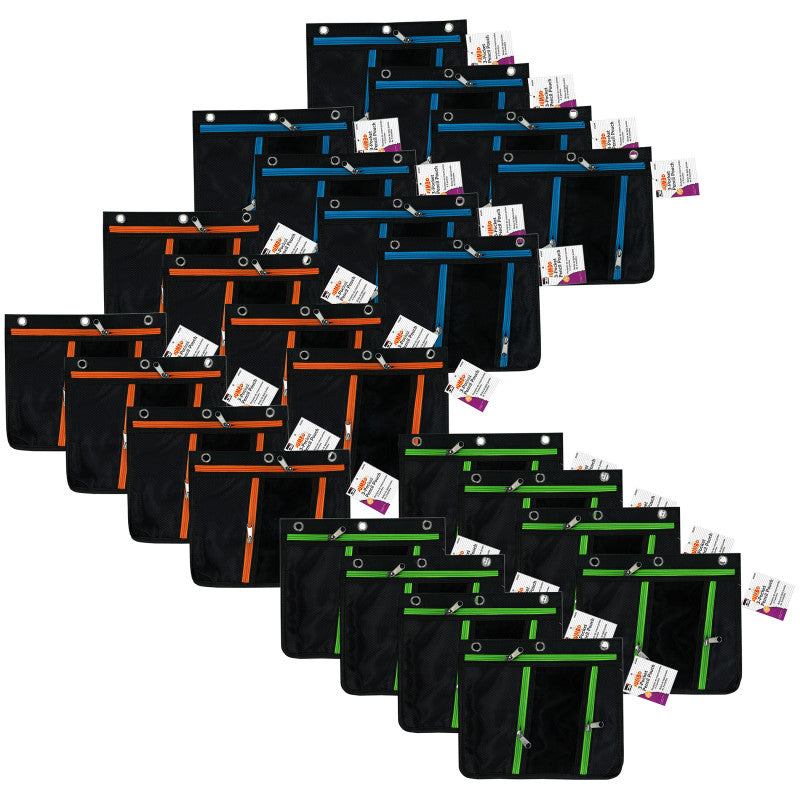 CHARLES LEONARD - Expanding Pencil Pouch, 3 Pocket, 11"W x 9.5"H x 1"D, Assorted Colors, Pack of 24