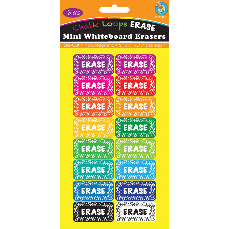 ASHLEY PRODUCTIONS - Non-Magnetic Mini Whiteboard Erasers, Chalk Loops, Pack of 16