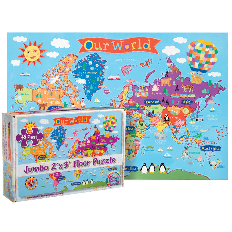 ROUND WORLD PRODUCTS - World Floor Puzzle for Kids, 24"H x 36"L, 48 Pieces