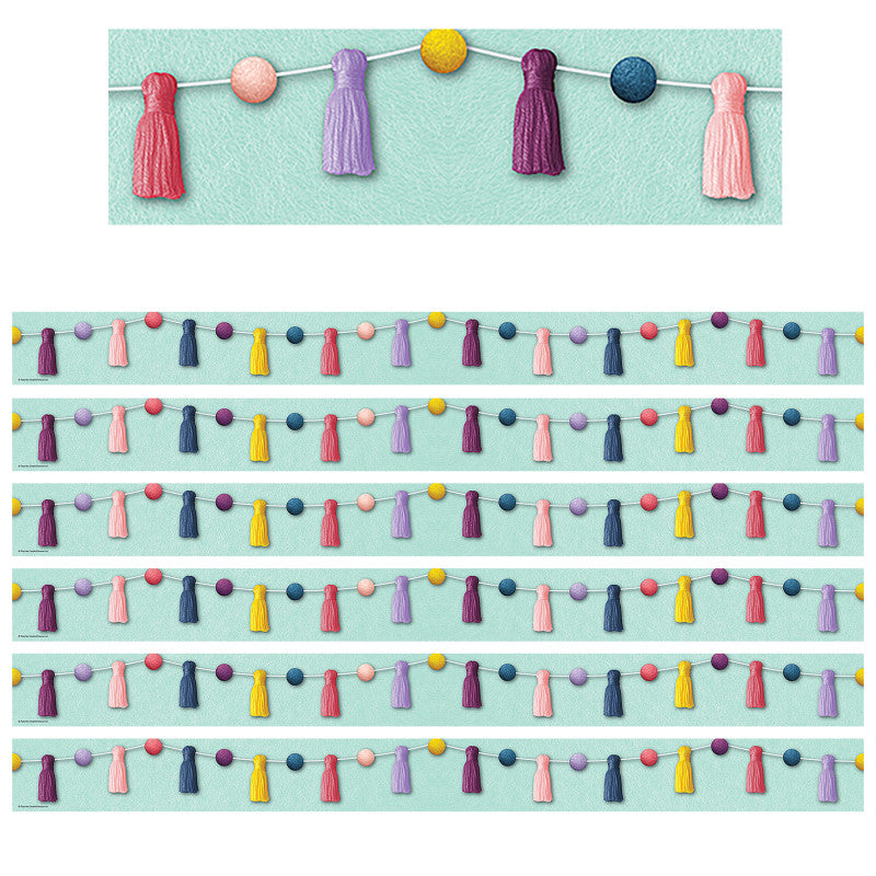 TEACHER CREATED RESOURCES - Oh Happy Day Pom-Poms and Tassels Straight Border Trim, 35 Feet Per Pack, 6 Packs