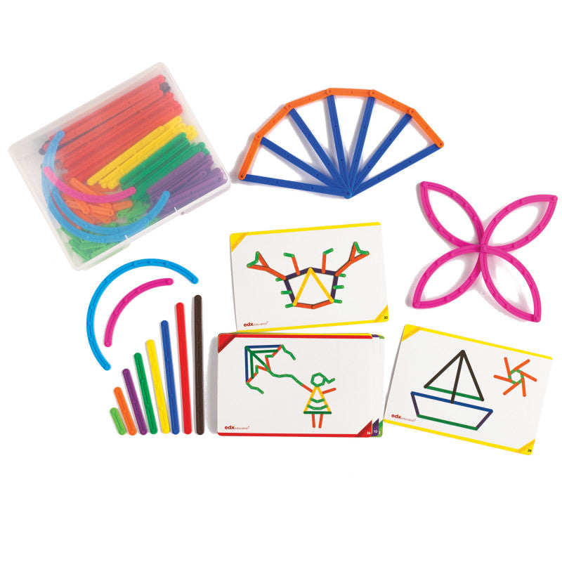 EDXEDUCATION - Junior GeoStix - 200 Multicolored Construction Toy Sticks - 30 Double-Sided Activity Cards