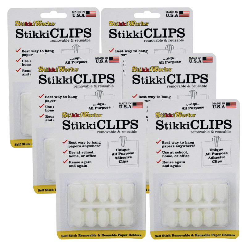 STIKKIWORKS - StikkiCLIPS™ Adhesive Clips, White, 20 Per Pack, 6 Packs