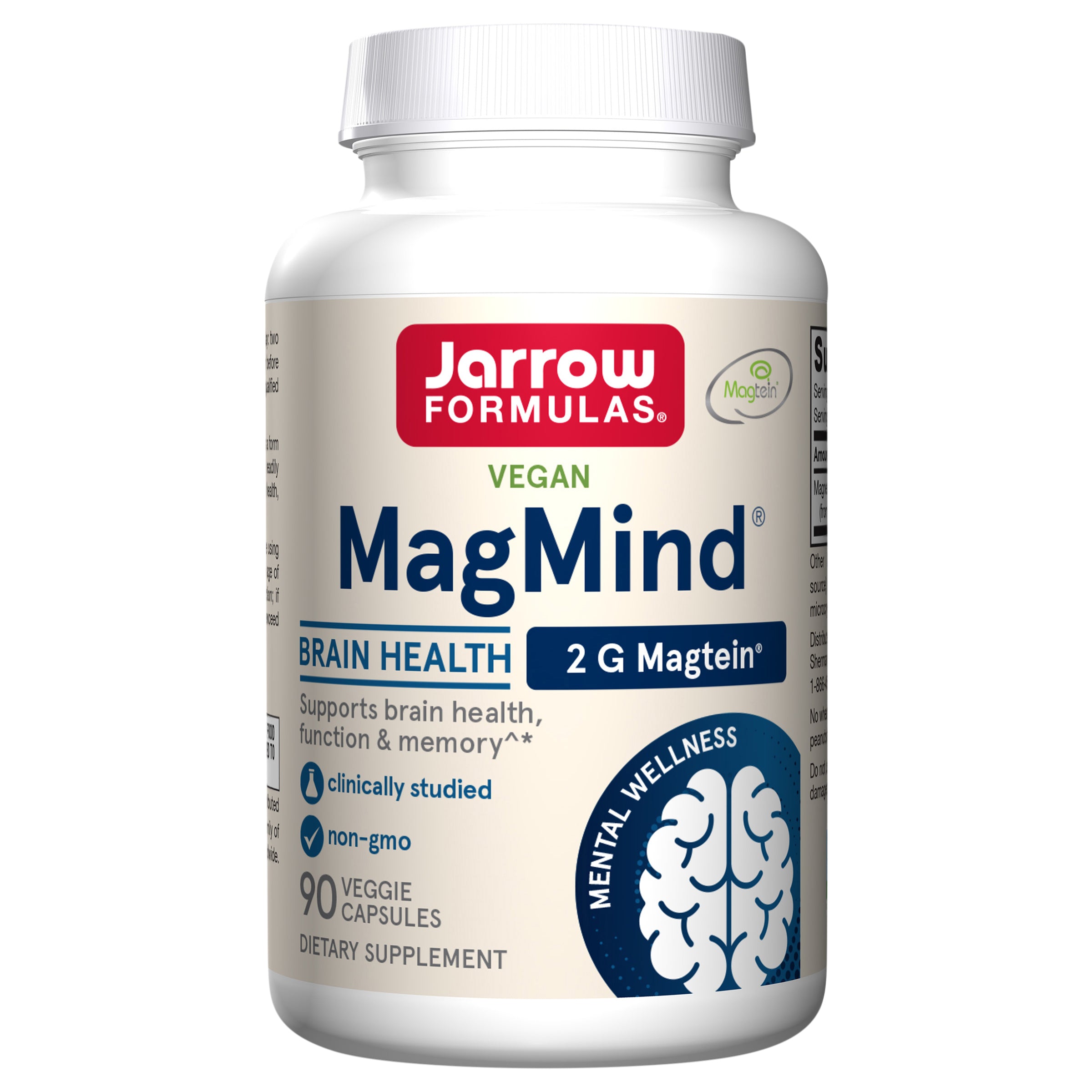 Jarrow Formulas Magnesium L-Threonate, MagMind Magtein Magnesium Supplement, Brain Supplements for Memory Support, 90 Veggie Capsules, Up to a 30 Day Supply - Case of 1