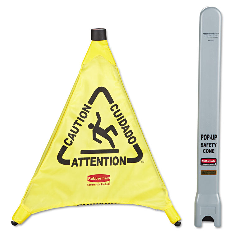 Rubbermaid Commercial - Multilingual Pop-Up Safety Cone, 3-Sided, Fabric, 21 x 21 x 20, Yellow