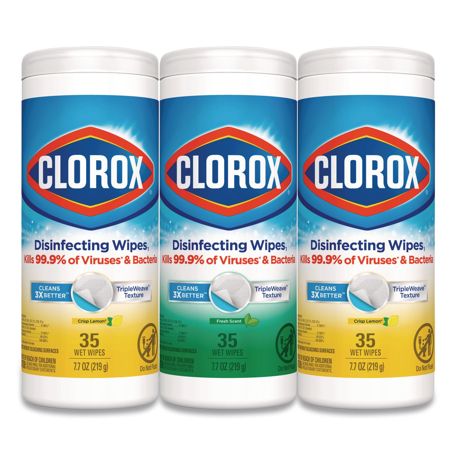 Disinfecting Wipes, 1-Ply, 7 x 8, (1) Fresh Scent/(2) Crisp Lemon, White, 35/Canister, 3 Canisters/Pack