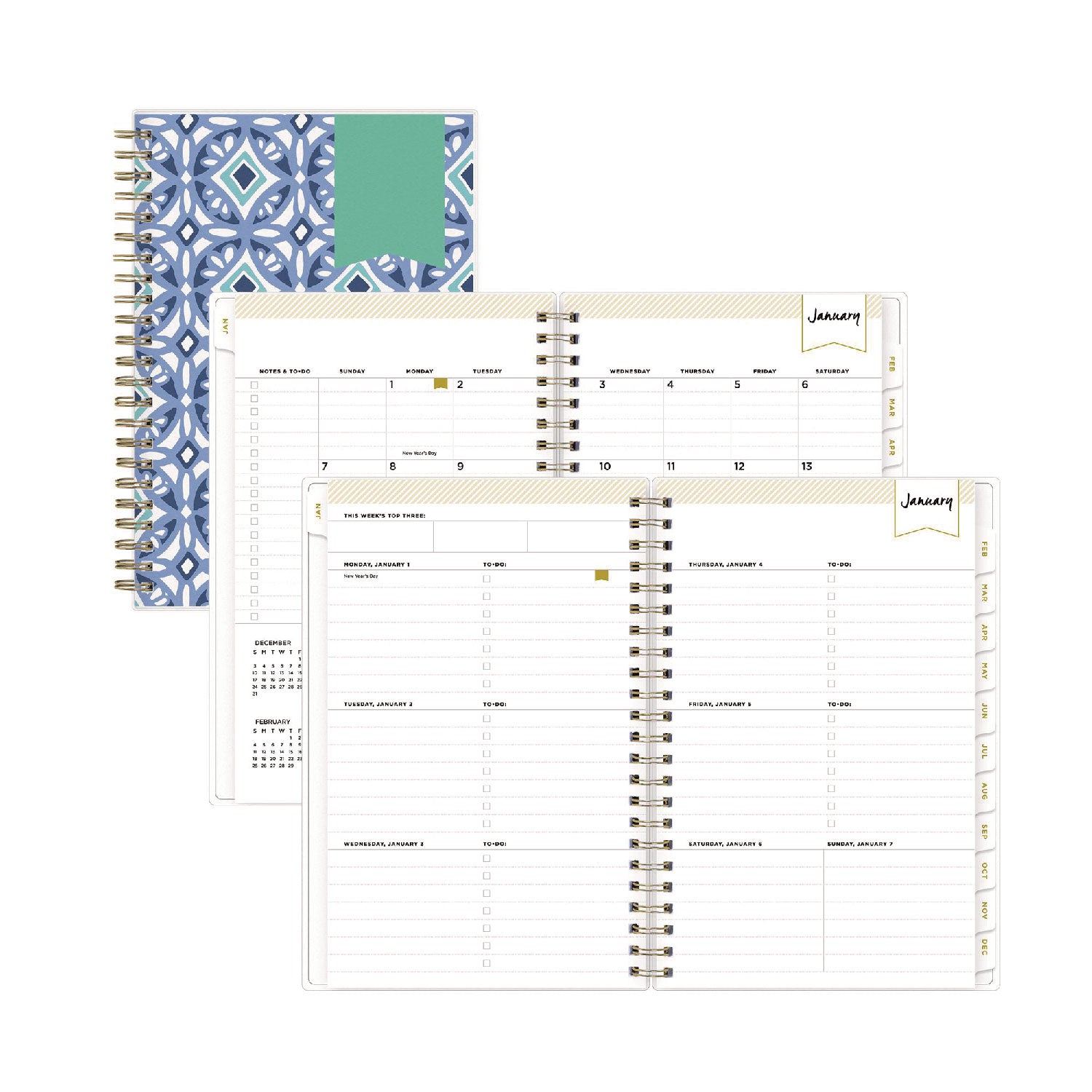 Day Designer Tile Weekly/Monthly Planner, Geometric Artwork, 8 x 5, Blue/White Cover, 12-Month (Jan to Dec): 2026