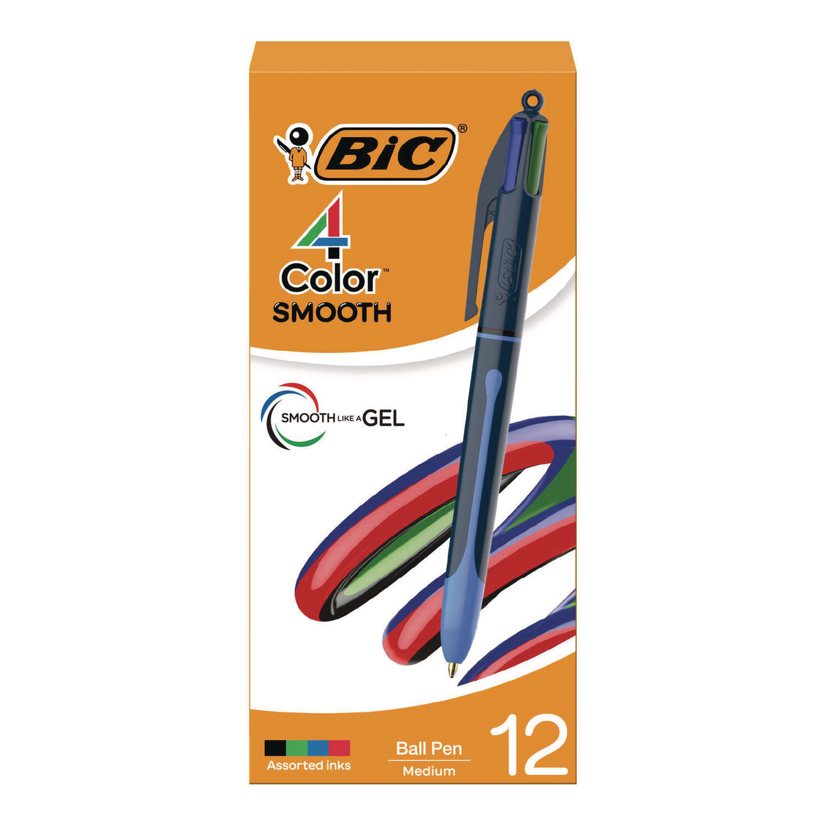 4-Color Smooth Multi-Color Ballpoint Pen, Retractable, Medium 1 mm, Black/Blue/Green/Red Ink, Black/Blue Barrel, 12/Pack