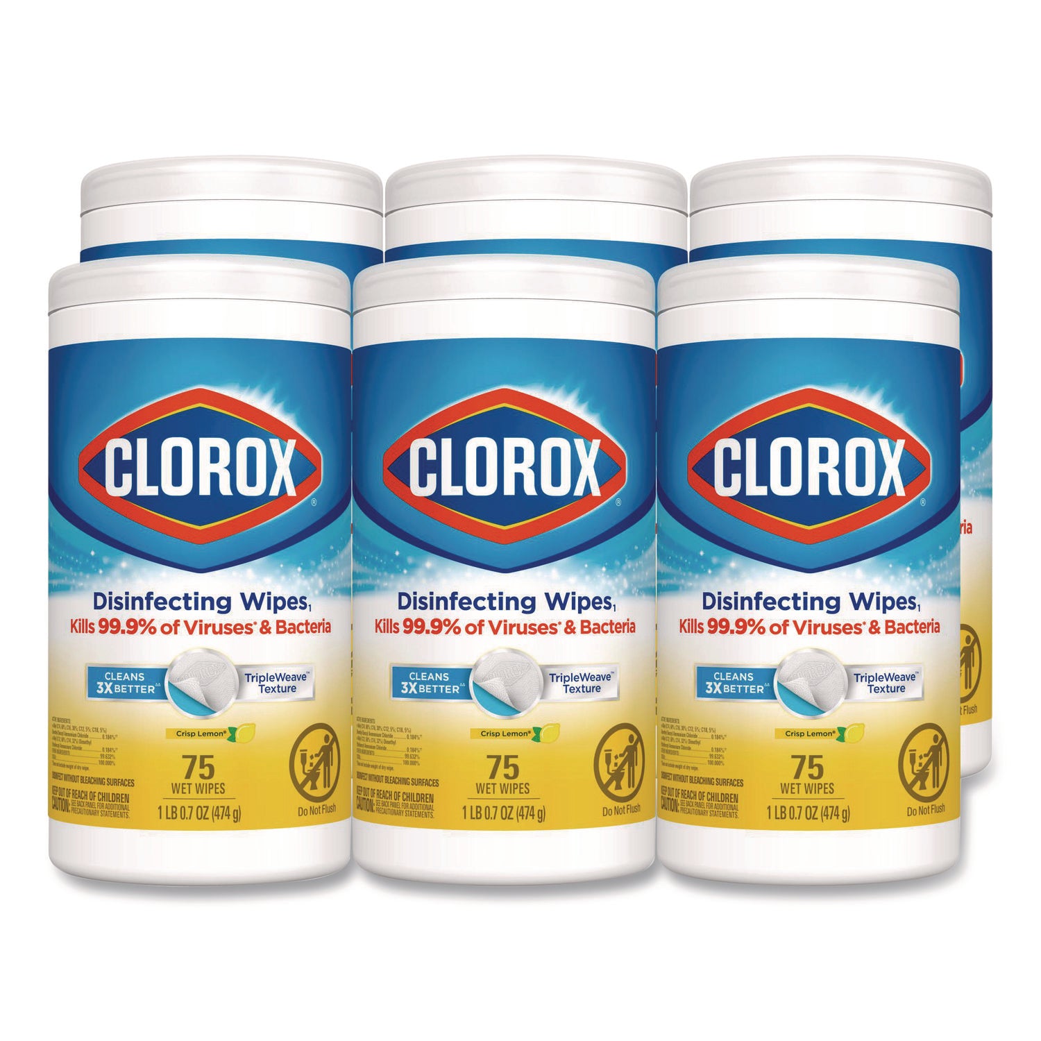 Disinfecting Wipes, Bleach Free Cleaning Wipes, 1-Ply, 7 x 7.75, Crisp Lemon, White, 75/Canister, 6 Canisters/Carton