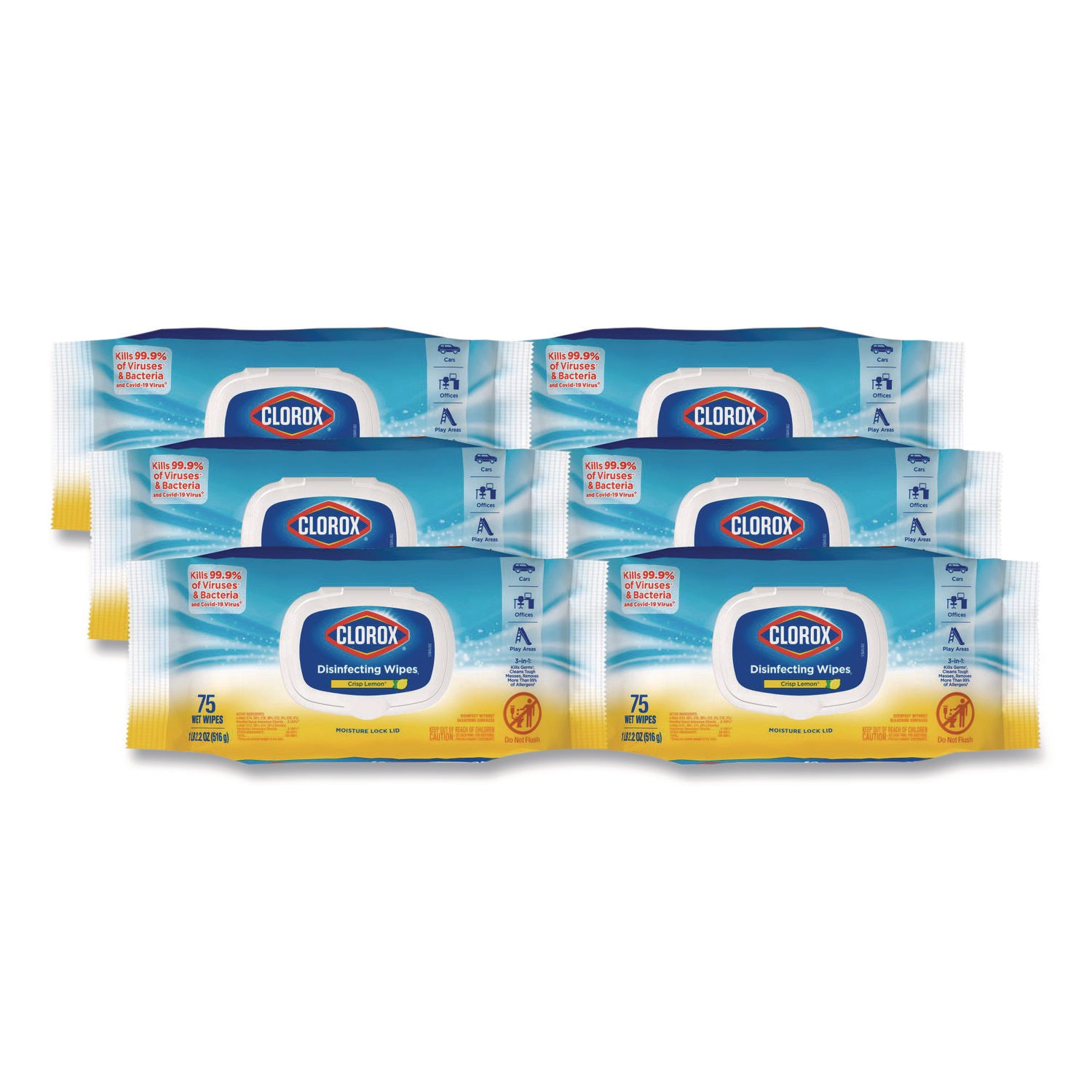 Disinfecting Cleaning Wipes, Easy Pull Pack, 1-Ply, 8 x 7, Lemon Scent, White, 75 Towels/Box, 6 Boxes/Carton