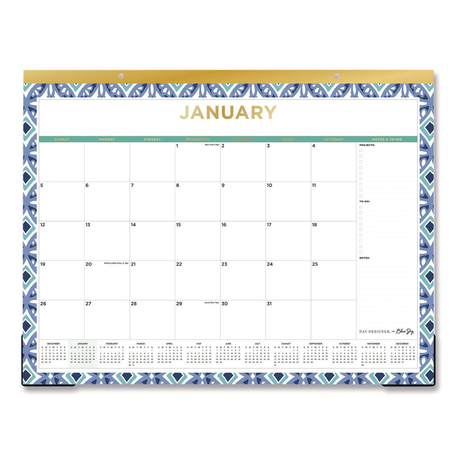 Tile Monthly Desk Pad Calendar, Geometric Artwork, 22 x 17, White/Blue/Green Sheets, 12-Month (Jan to Dec): 2026