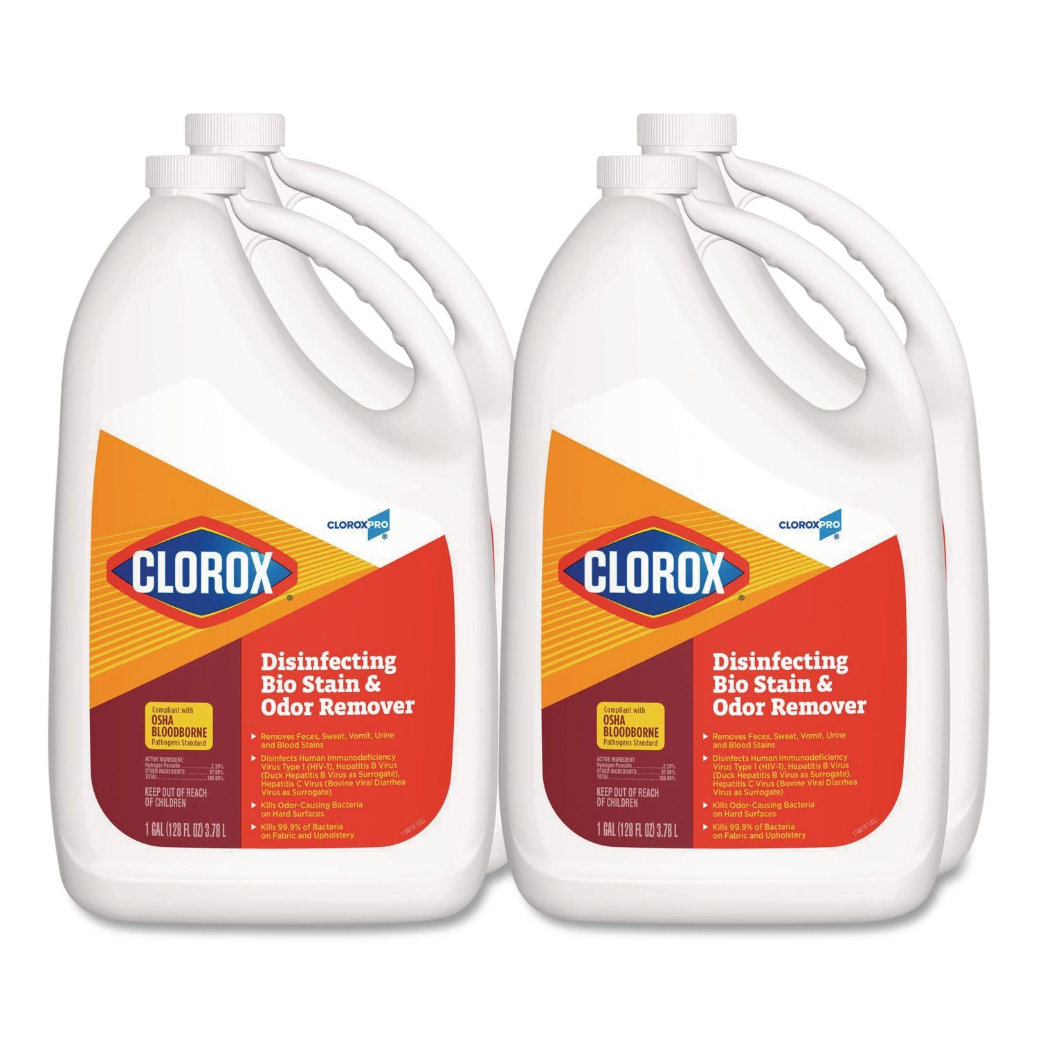 CloroxPro Disinfecting Bio Stain and Odor Remover, Fragranced, 128 oz Refill Bottle, 4/Carton