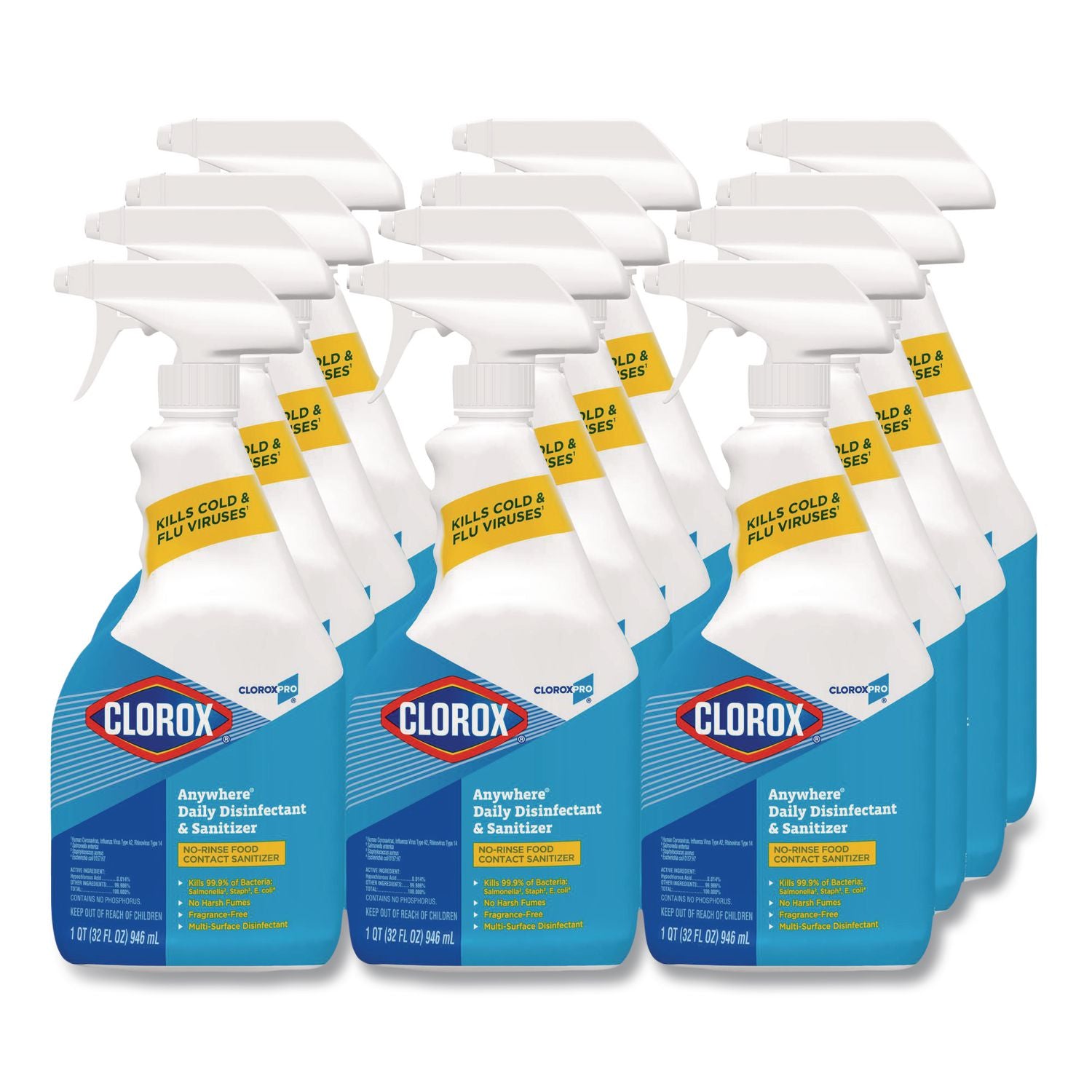 CloroxPro Anywhere Daily Disinfectant and Sanitizer, 32 oz Spray Bottle, 12/Carton