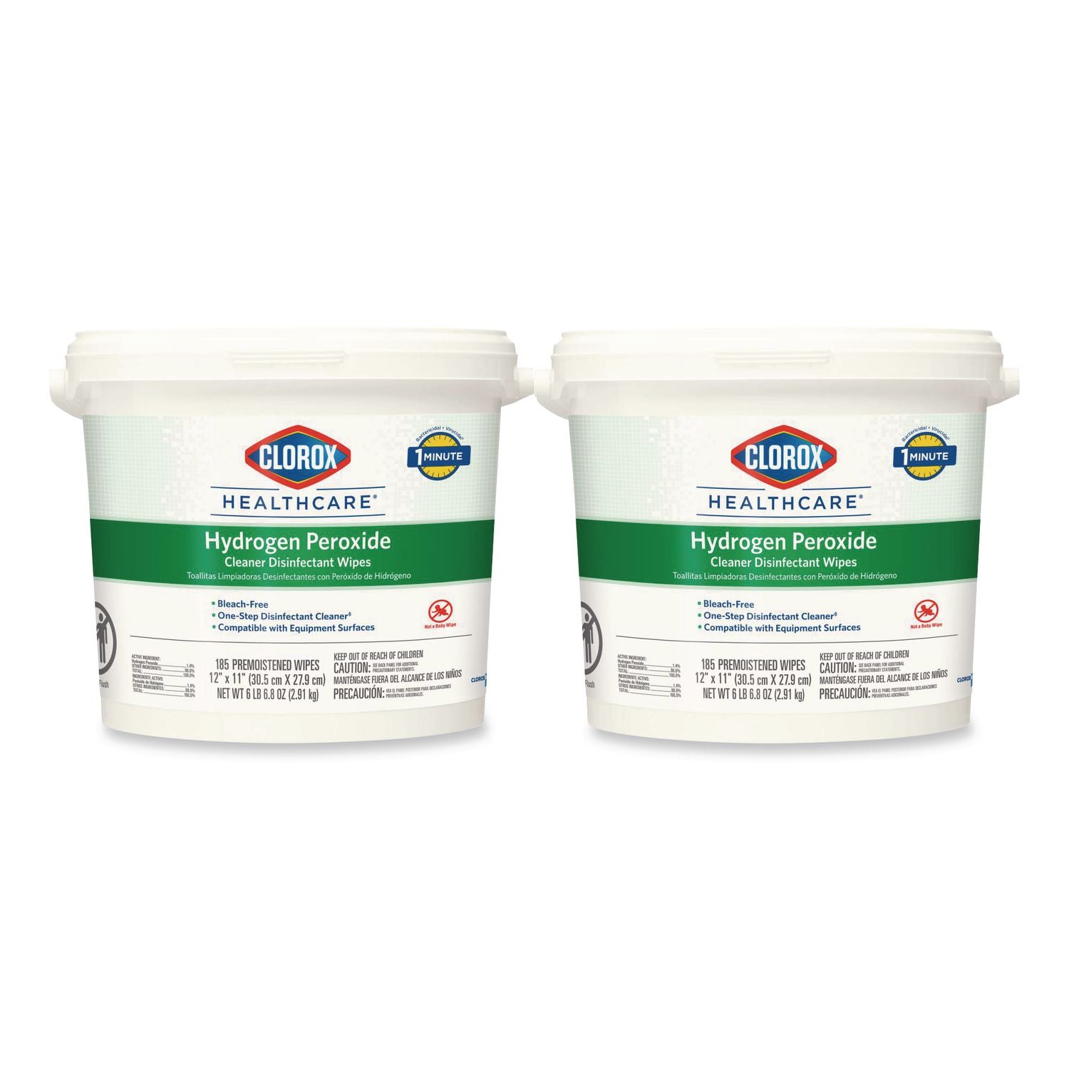 Hydrogen Peroxide Cleaner Disinfectant Wipes, 12 x 11, Unscented, White, 185/Bucket, 2 Buckets/Carton