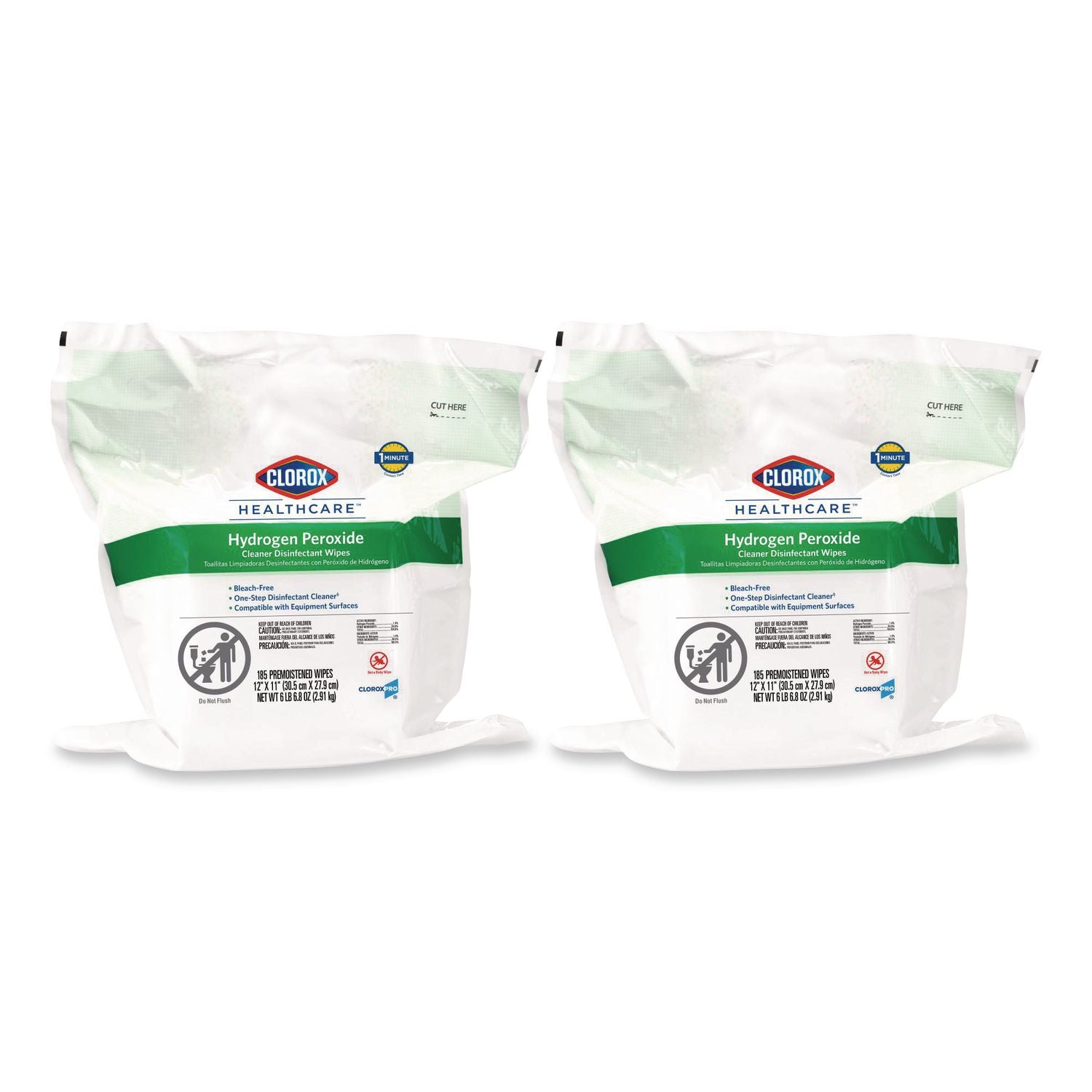 Hydrogen Peroxide Cleaner Disinfectant Wipes, 12 x 11, Unscented, White, 185/Pack, 2 Packs/Carton