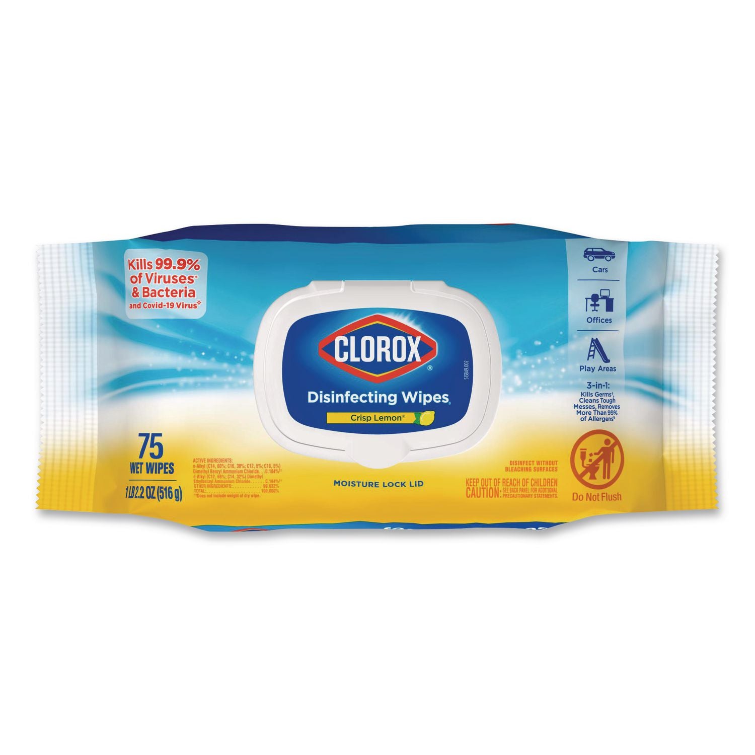 Disinfecting Cleaning Wipes, Flex Pack, 1-Ply, 8 x 7, Lemon Scent, White, 75 Towels/Box