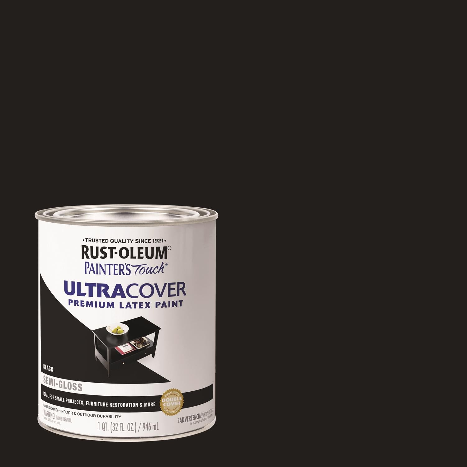 Rust-Oleum Painters Touch Ultra Cover Semi-Gloss Black Water-Based Paint Exterior and Interior 1 qt - Case of 2