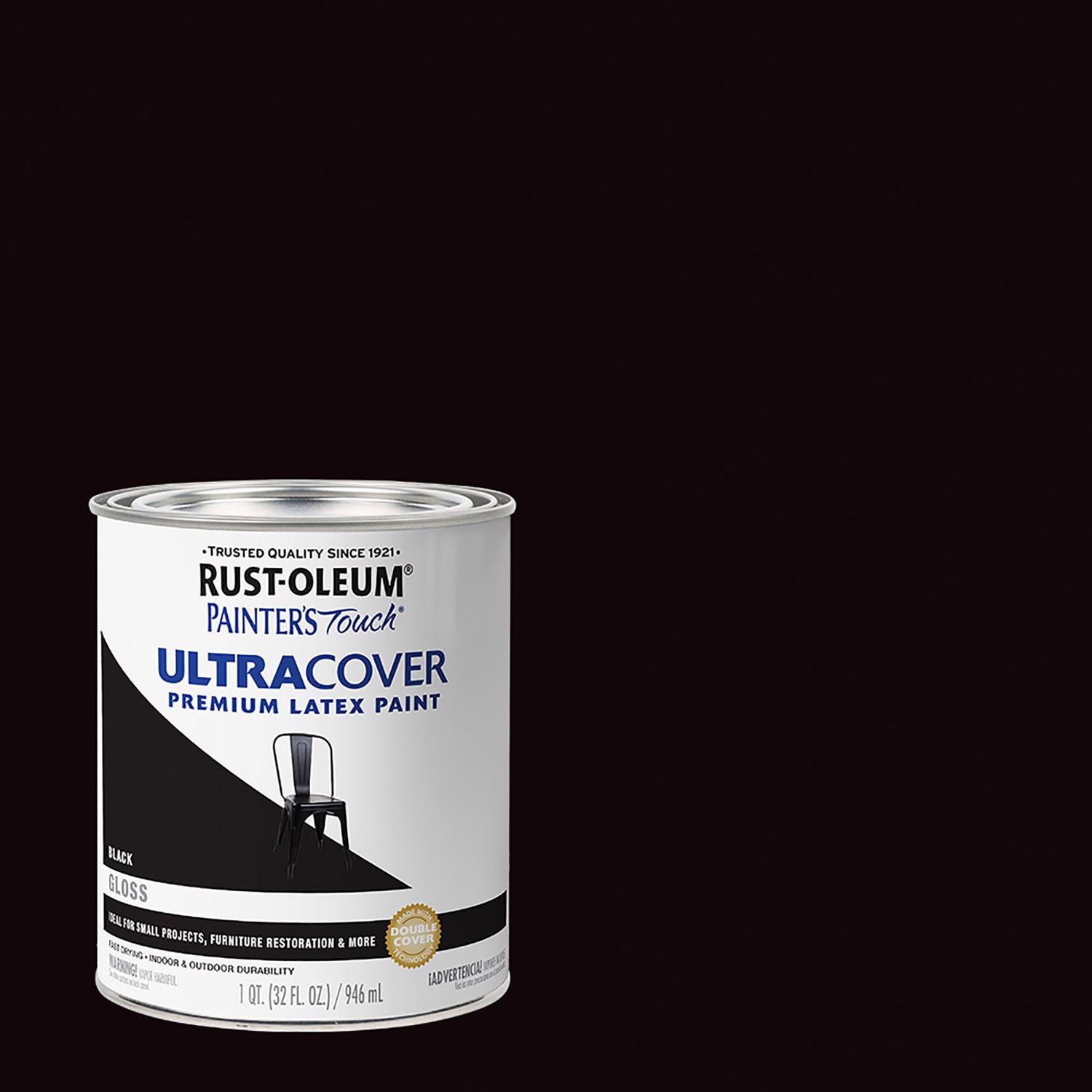 Rust-Oleum Painters Touch Ultra Cover Gloss Black Water-Based Paint Exterior and Interior 1 qt - Case of 2