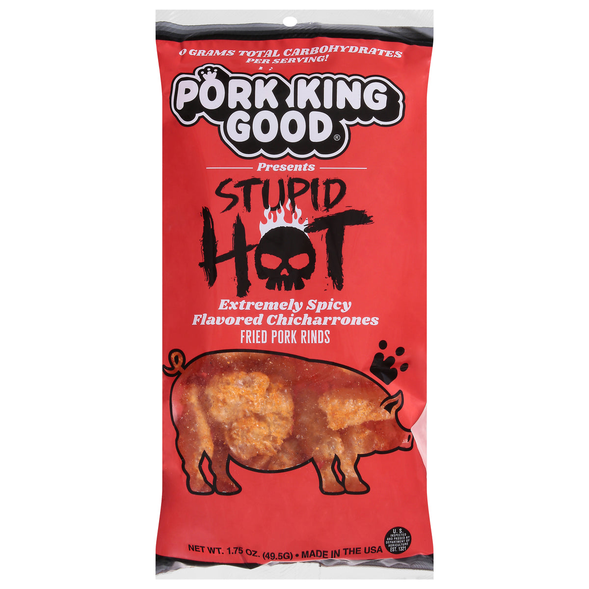 Pork King Good Stupid Hot Fried Pork Rinds 1.75 oz - Case of 12
