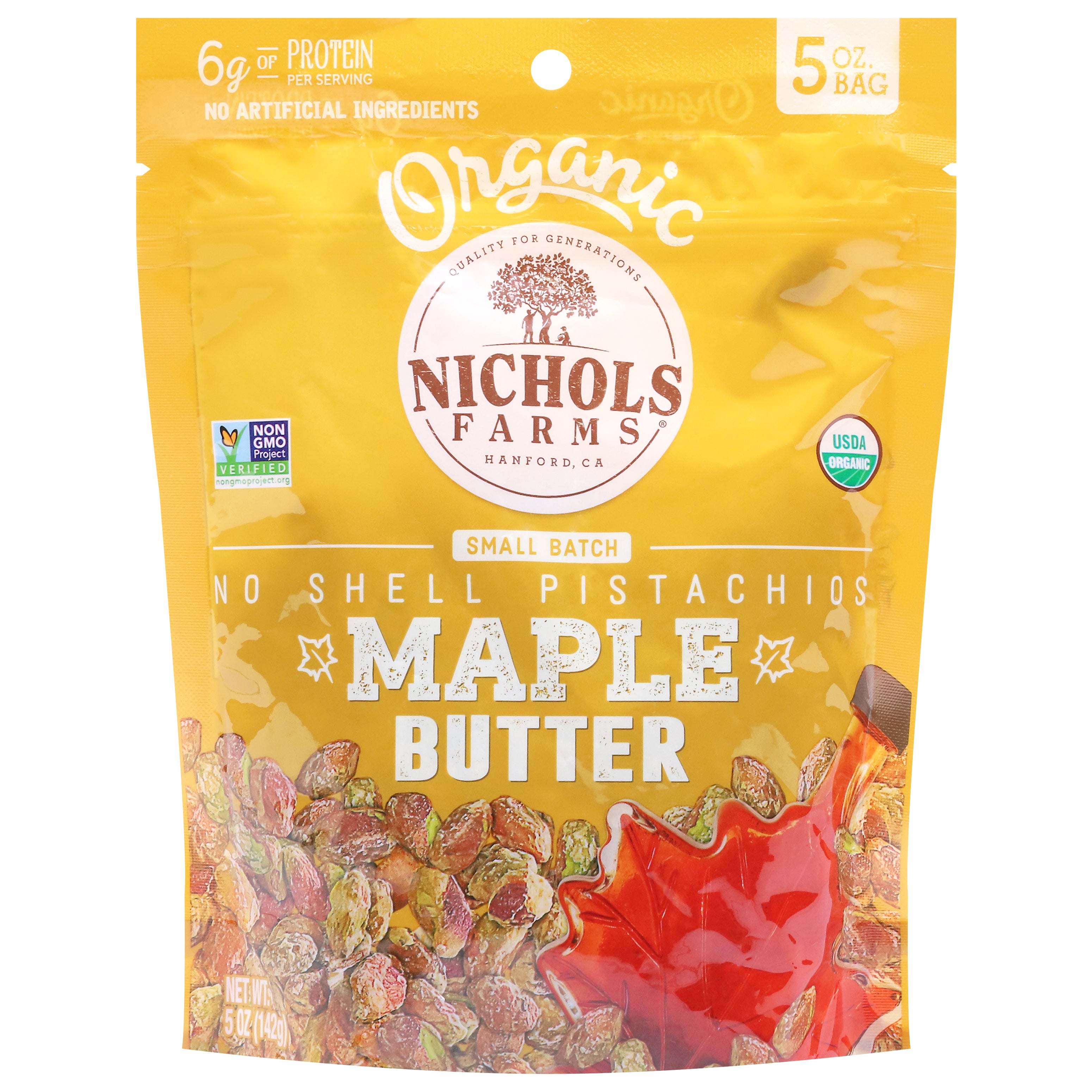 Nichols Farms Organic No Shell Maple Butter Pistachios 5 oz - Case of 12