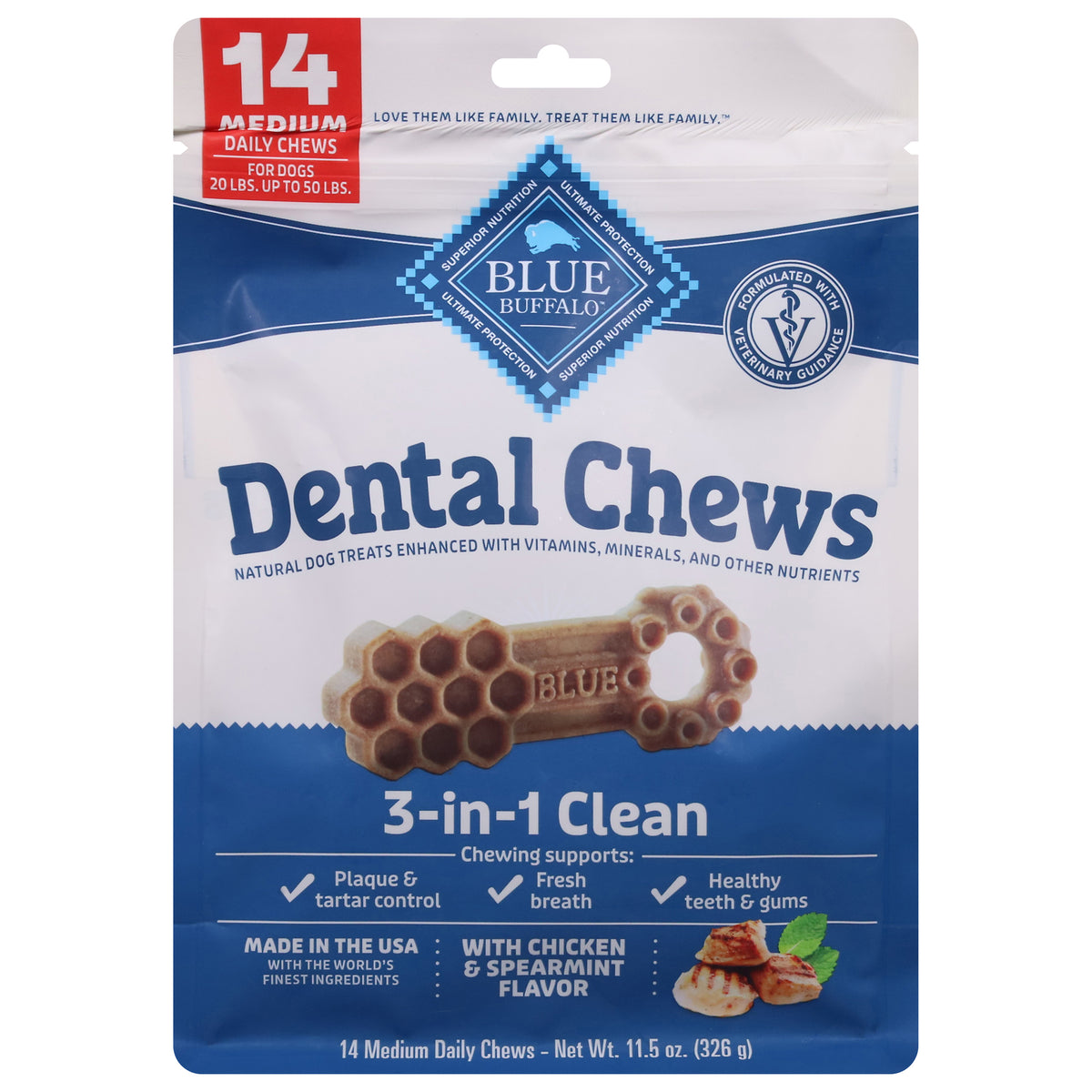 Blue Buffalo Blue 3-in-1 Clean Dental Chews with Chicken & Spearmint Flavor Medium 14 ea - Case of 4