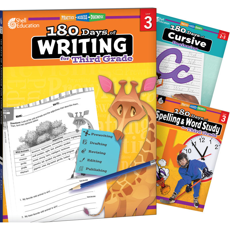 SHELL EDUCATION - 180 Days Writing, Spelling, & Cursive Grade 3: 3-Book Set
