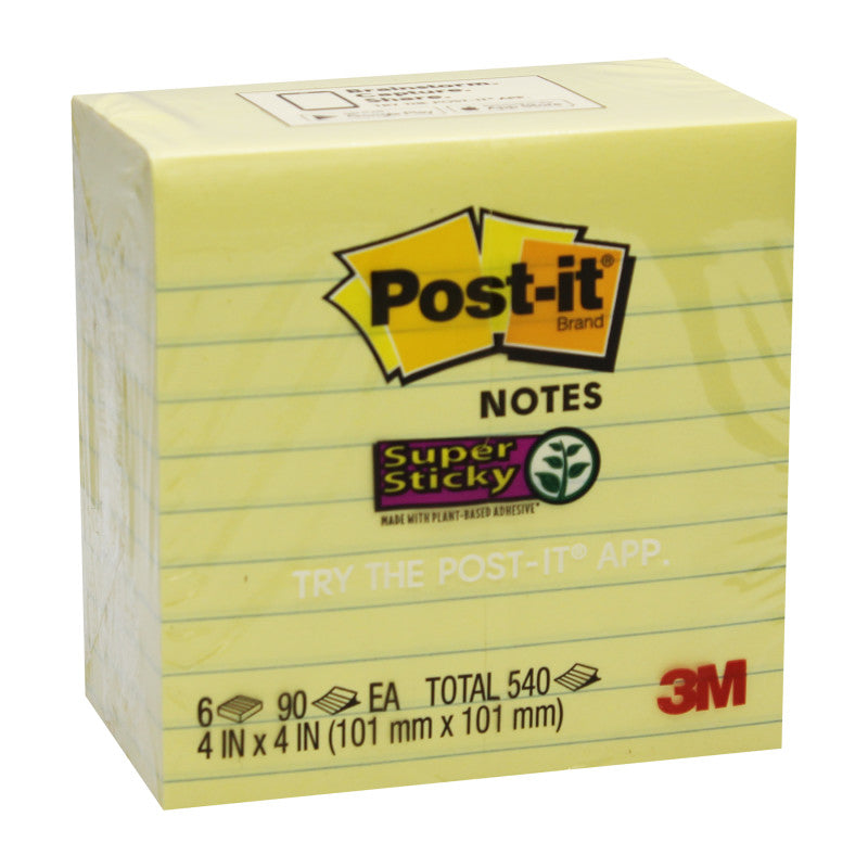 POST-IT - Super Sticky Notes, 4" x 4", Canary Yellow, Lined, 90 Sheets Per Pad, 6 Pads