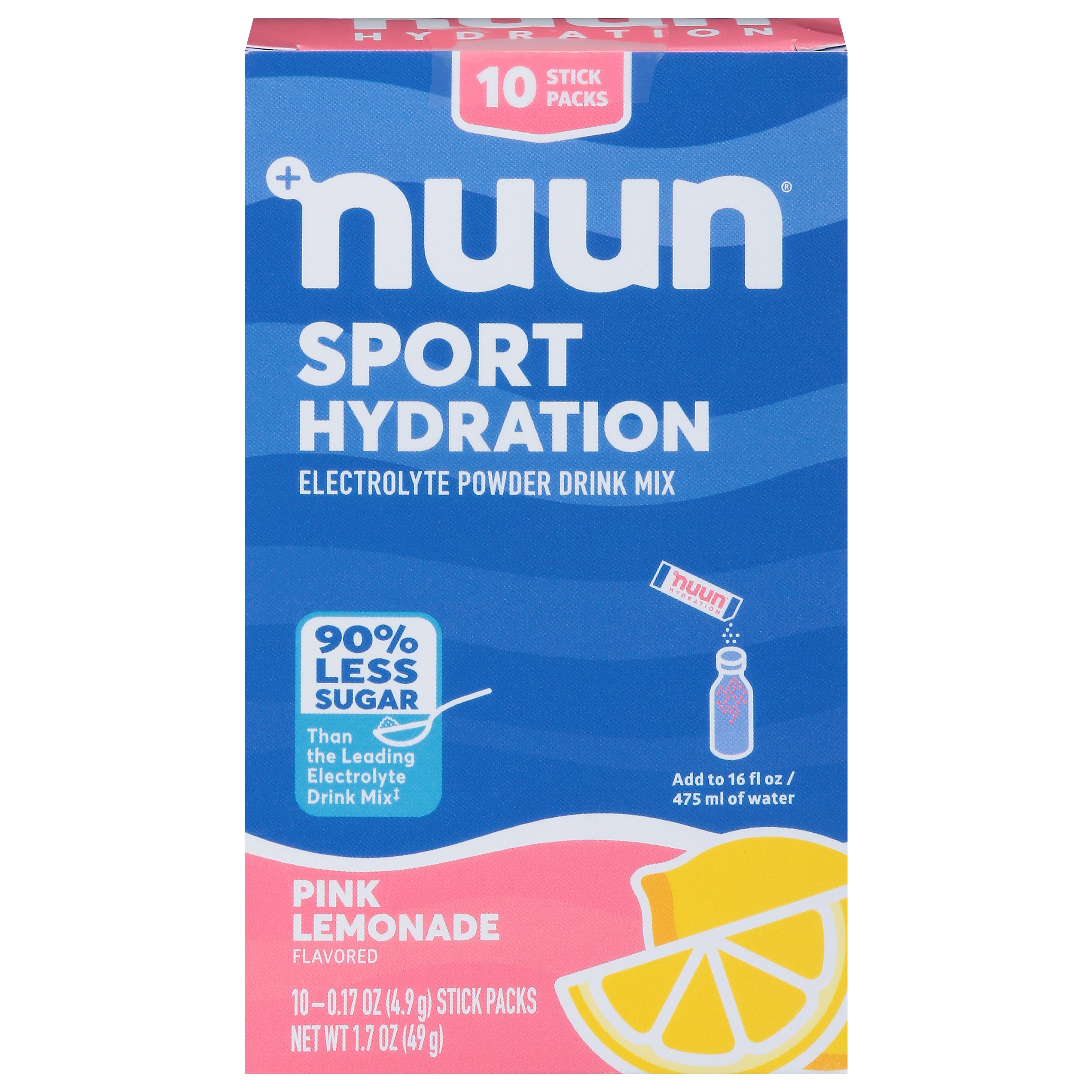 Nuun 10 Stick Pack Sport Hydration Pink Lemonade Electrolyte Powder Drink Mix 10 - 0.17 oz Stick Packs - Case of 1