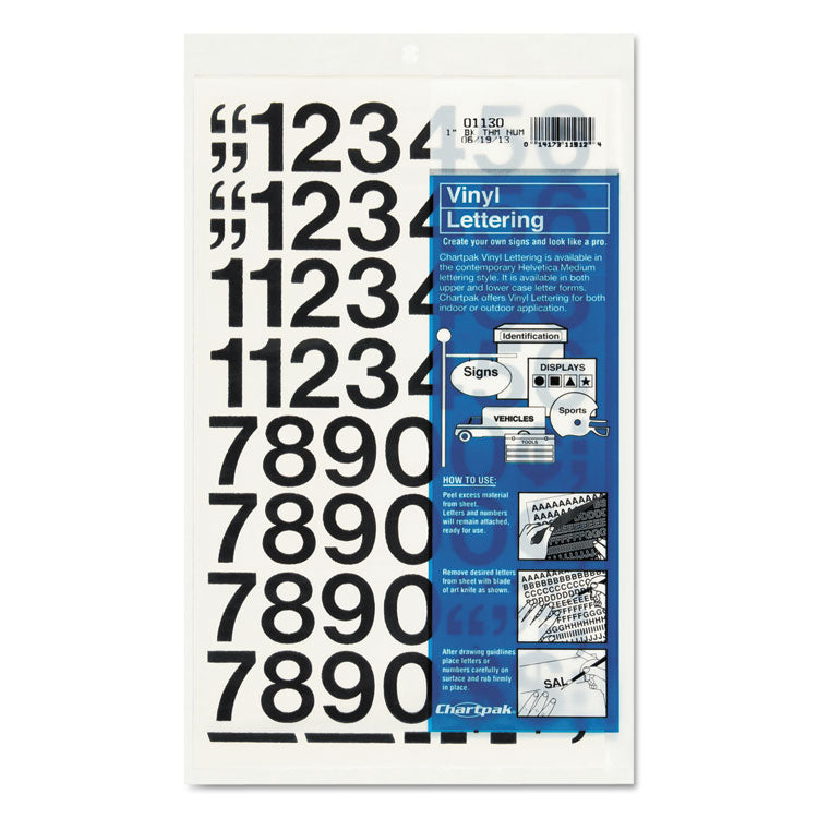 Chartpak - Press-On Vinyl Numbers, Self Adhesive, Black, 1"h, 44/Pack