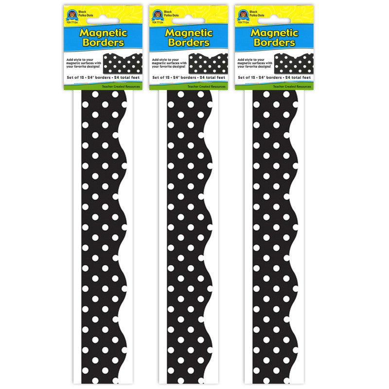 TEACHER CREATED RESOURCES - Magnetic Borders, Black Polka Dots, 24 Feet Per Pack, 3 Packs