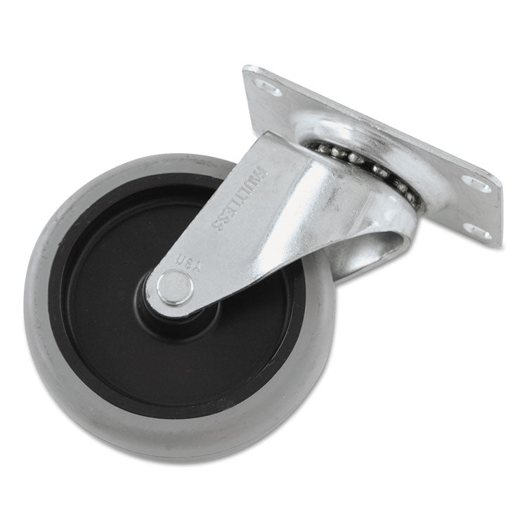 Rubbermaid Commercial - Non-Marking Plate Casters, Swivel Mount Plate, 4" Wheel, Black/Gray/Silver
