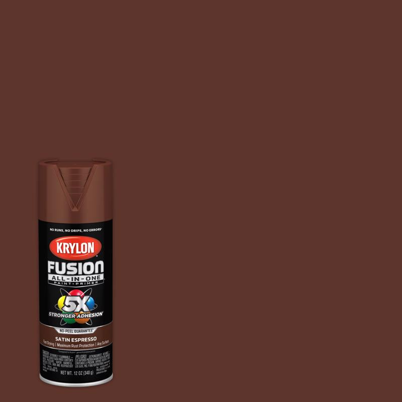 KRYLON - Krylon Fusion All-In-One Satin Espresso Paint+Primer Spray Paint 12 oz - Case of 6